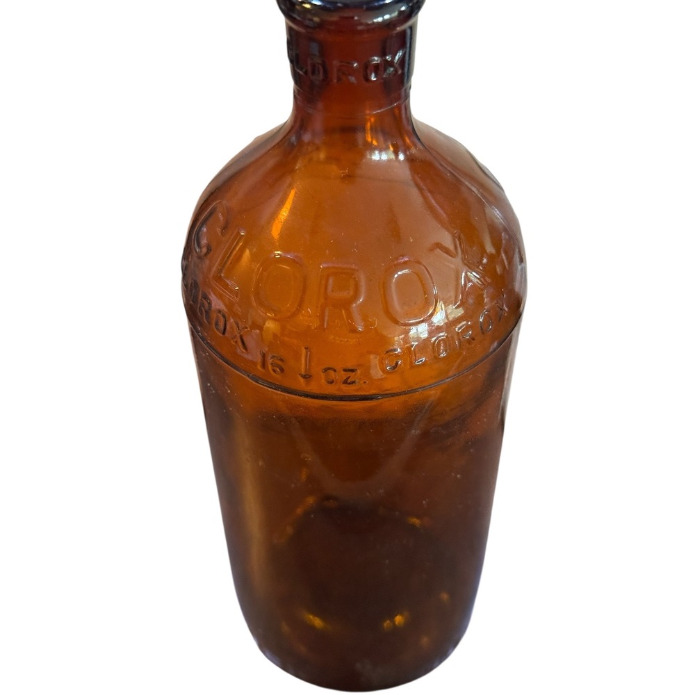 Vintage Clorox Amber Glass Bottle 16 oz Embossed Brown Cleaning Collectible 8"